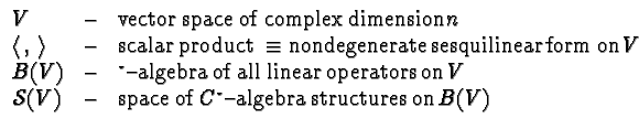 $\displaystyle \begin{array}{lcl}
V&-&\mbox{vector space of complex dimension}\,...
...-&\mbox{space of}\,\, C^\star
\mbox{--algebra structures on}\, B(V)
\end{array}$