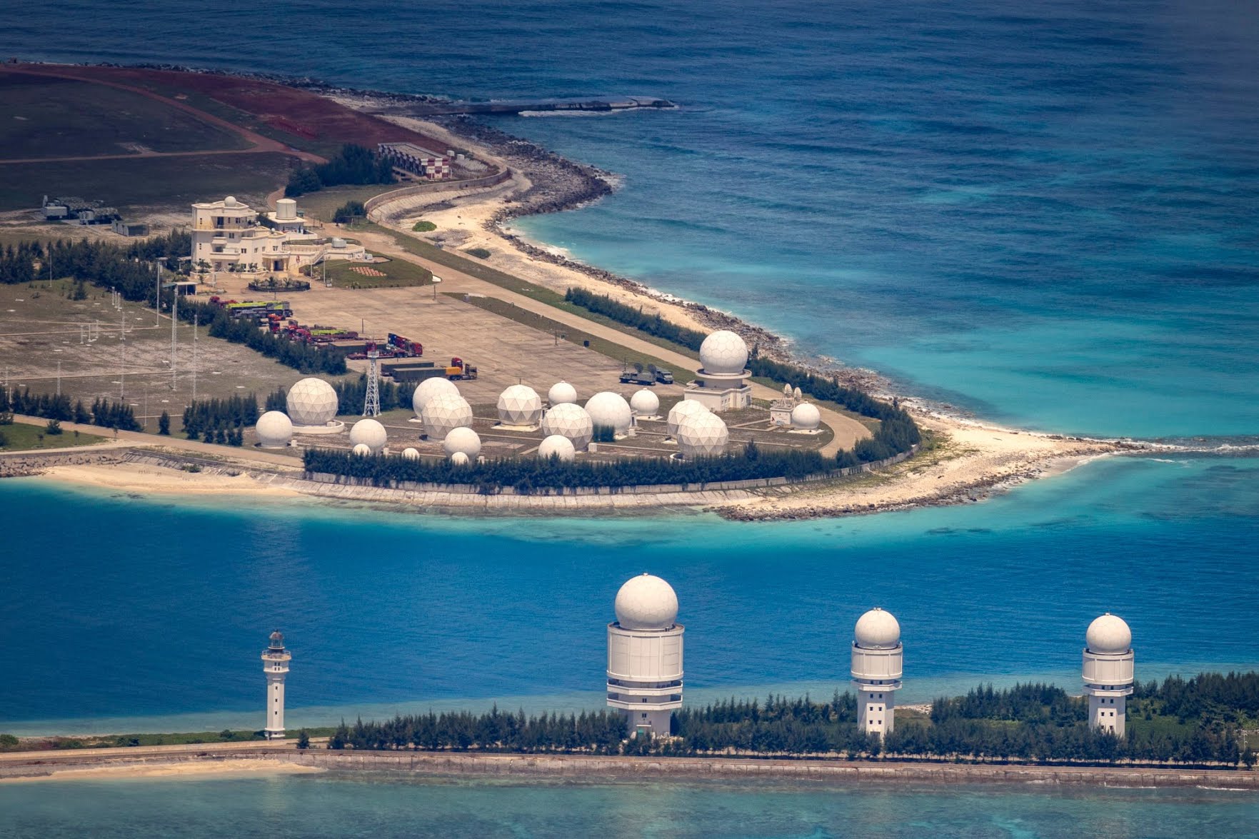 Buildings and structures are seen on the artificial island built by China on Fiery Cross Reef in the Spratly Islands, which are known in China as the Nansha Islands. Photo: Ezra Acayan/Getty Images