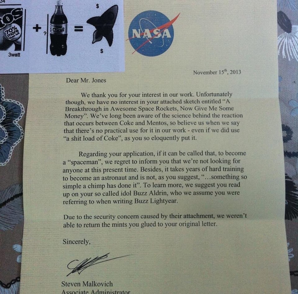 r/thatHappened - NASA totally owns young man in a letter regarding a mentos rocket.