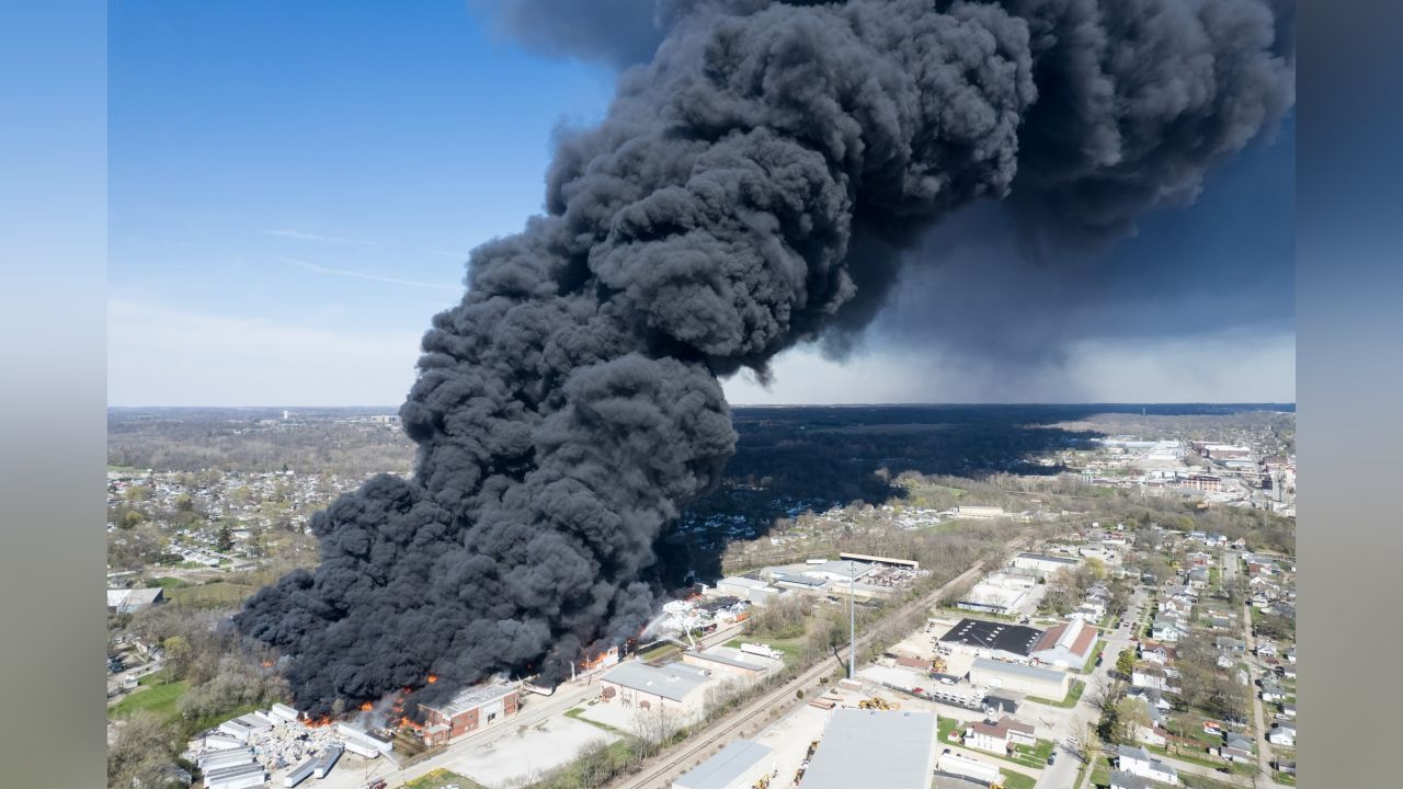 A large fire burns at a recycling facility in Richmond, Indiana, on Tuesday.