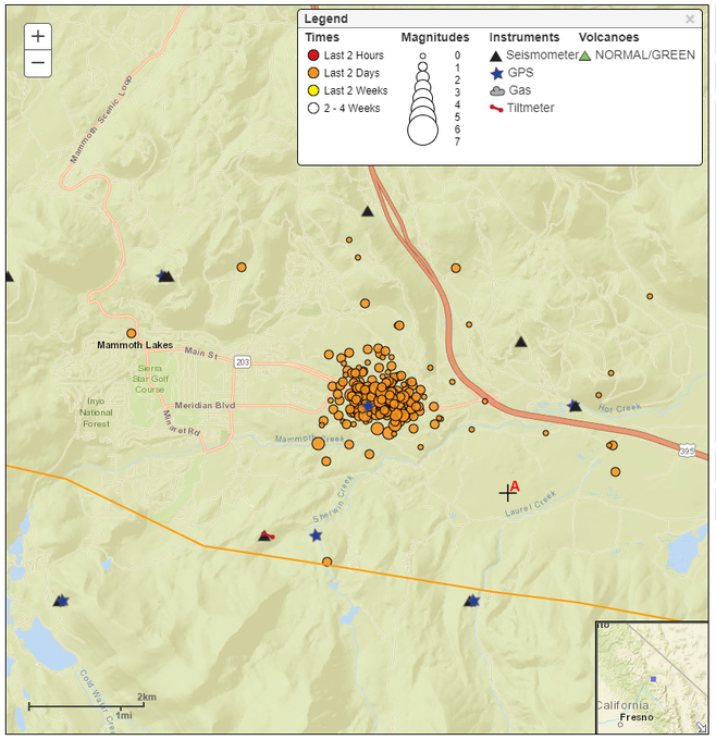 Map of 12 September 2019 earthquake swarm epicenters on the margin of the Long Valley Caldera near Mammoth Lakes. ~200 earthquakes are visible.
