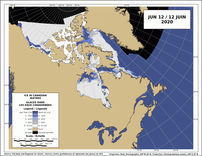 Sea ice extent Canada 2020 June 12
