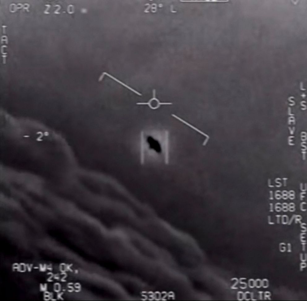 PHOTO: This video grab image obtained April 28, 2020, courtesy of the U.S. Department of Defense shows part of an unclassified video taken by Navy pilots that have circulated for years showing interactions with unidentified aerial phenomena.