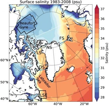 colored map showing salinity