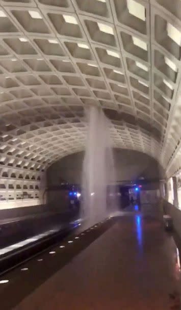 PHOTO: Water is flooding into the Virginia Square metro station in Arlington, Va., on July 8, 2019, in this video grab obtained from a social media video. (Hugo Dante/Twitter via Reuters)