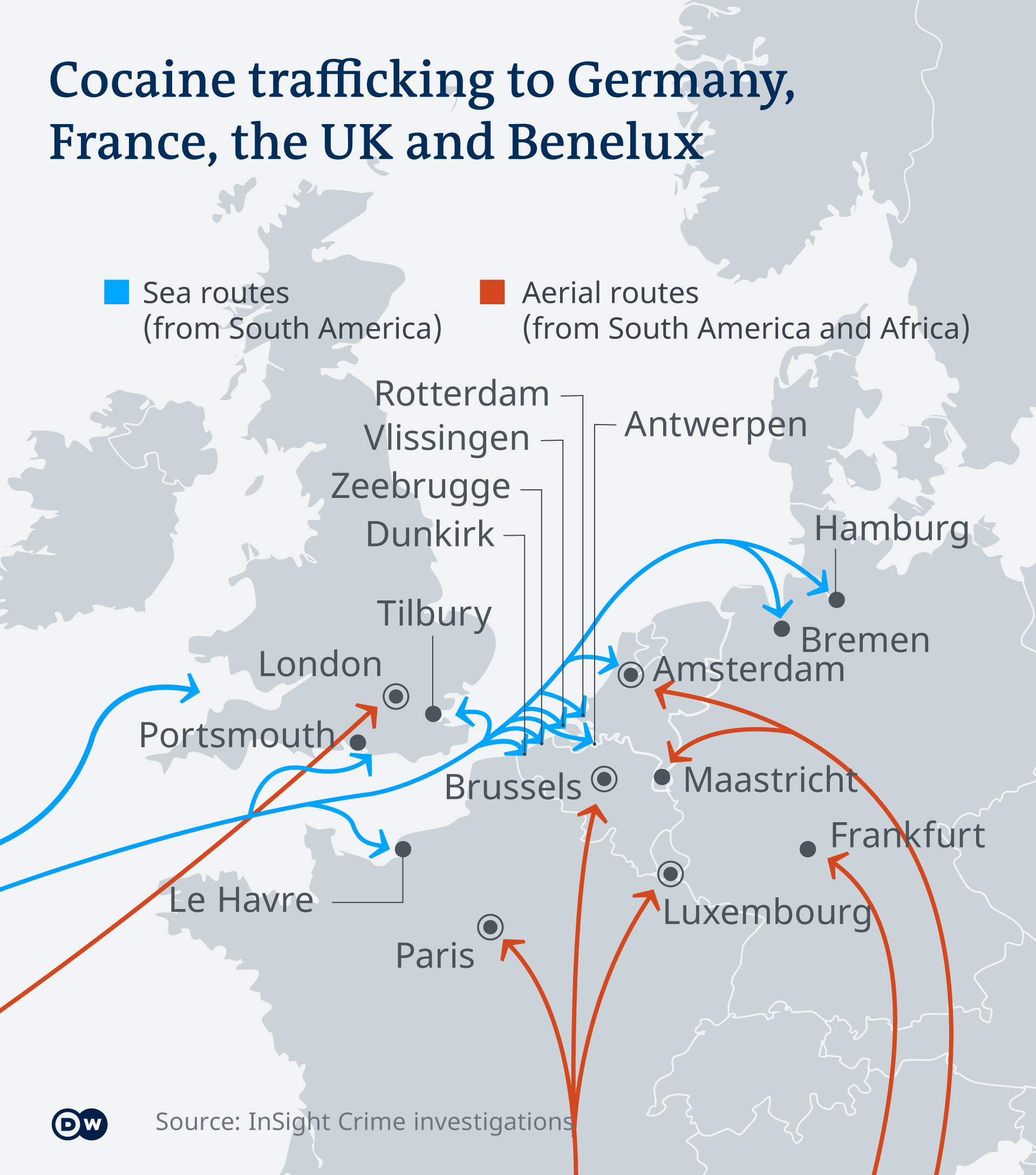 An inforgraphic showing cocaine routes into Europe