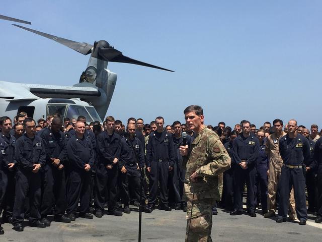 FILE PHOTO: General Joseph Votel, the head of the U.S. military's Central Command, speaks aboard the USS New Orleans as it travels through the Strait of Hormuz July 11, 2016.  REUTERS/Phil Stewart/File Photo