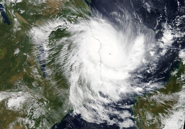 Tropical Cyclone Kenneth approaches the coast of Mozambique in this April 25, 2019 handout satellite image.   NASA/Handout via REUTERS