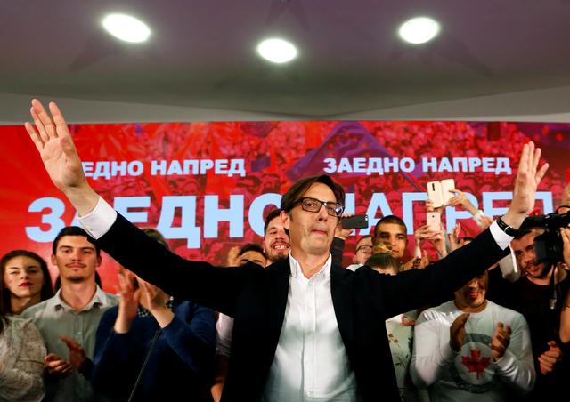 Presidential candidate of the ruling SDSM Stevo Pendarovski celebrates after preliminary results during the presidential election in Skopje, North Macedonia May 5, 2019. REUTERS/Ognen Teofilovski
