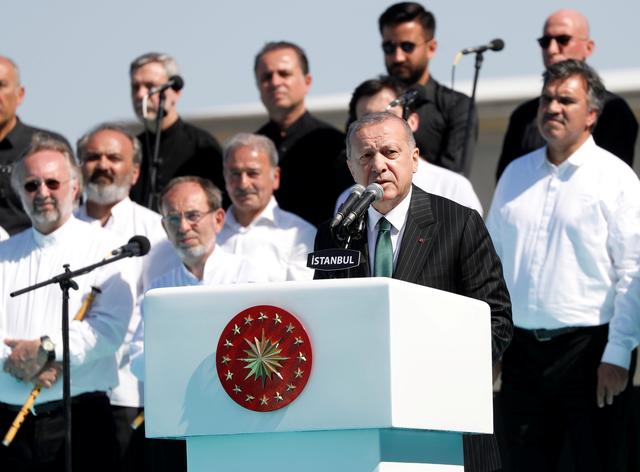 FILE PHOTO: Turkish President Tayyip Erdogan makes a speech during the opening ceremony of Grand Camlica Mosque in Istanbul, Turkey, May 3, 2019. REUTERS/Murad Sezer/File Photo