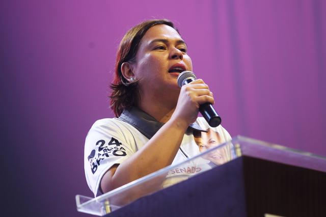 Sara Duterte, Davao City Mayor and daughter of Philippine President Rodrigo Duterte, delivers a speech during a senatorial campaign caravan for Hugpong Ng Pagbabago (HNP) in Davao City, southern Philippines on May 9, 2019. HNP is a regional political party chaired by Sara Duterte. Picture taken May 9, 2019 . REUTERS/Lean Daval Jr