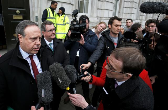 Democratic Unionist Party (DUP) deputy leader Nigel Dodds, speaks to the media outside the Cabinet Office, in London, Britain March 15, 2019. REUTERS/Henry Nicholls