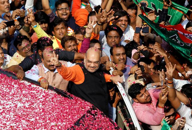 Bharatiya Janata Party (BJP) President Amit Shah arrives at the party headquarters after learning the initial election results, in New Delhi, India, May 23, 2019. REUTERS/Anushree Fadnavis