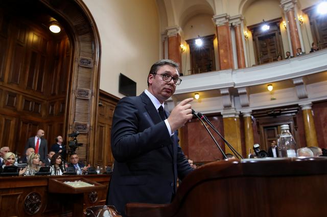 Serbia's President Aleksandar Vucic speaks in the Serbian Parliament in Belgrade, Serbia, May 27, 2019. REUTERS/Marko Djurica