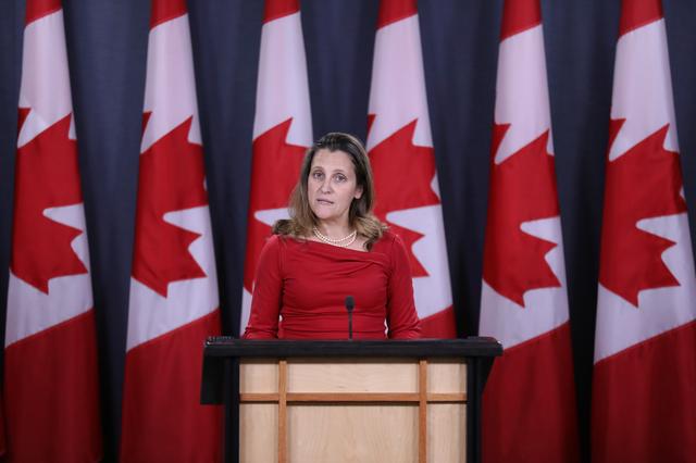 FILE PHOTO: Canada's Foreign Minister Chrystia Freeland speaks during a news conference in Ottawa, Ontario, Canada, December 12, 2018. REUTERS/Chris Wattie/File Photo