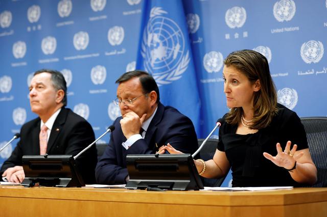 Canadian Foreign Minister Chrystia Freeland speaks along side Peruvian Foreign Minister Nestor Popolizio and Chilean Foreign Minister Roberto Ampuero during a news conference at United Nations headquarters in New York, U.S., June 3, 2019. REUTERS/Mike Segar