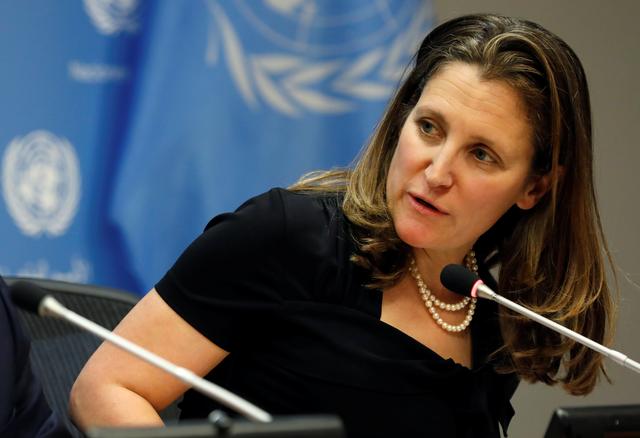 FILE PHOTO - Canadian Foreign Minister Chrystia Freeland speaks during a news conference at United Nations headquarters in New York, U.S., June 3, 2019. REUTERS/Mike Segar