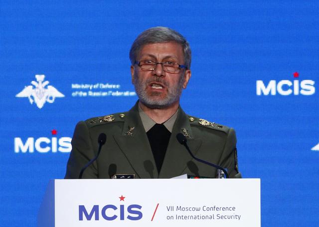 FILE PHOTO: Iranian Defence Minister Amir Hatami delivers a speech during the annual Moscow Conference on International Security (MCIS) in Moscow, Russia April 4, 2018. REUTERS/Sergei Karpukhin