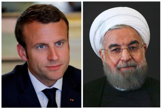 FILE PHOTO: A combination of file photos showing French President Emmanuel Macron attending a meeting at the Elysee Palace in Paris, France, May 23, 2017, and Iran President Hassan Rouhani looking on at the Campidoglio palace in Rome, Italy, January 25, 2016. REUTERS/Philippe Wojazer/Alessandro Bianchi/File Photos