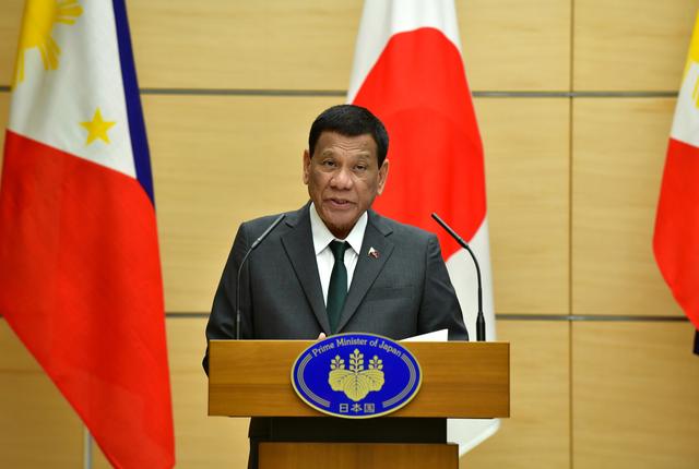 Philippine President Rodrigo Duterte delivers a speech during their joint press statement with Japan's Prime Minister Shinzo Abe (not pictured) at Abe's official residence in Tokyo, Japan May 31, 2019.  Kazuhiro Nogi /Pool via Reuters
