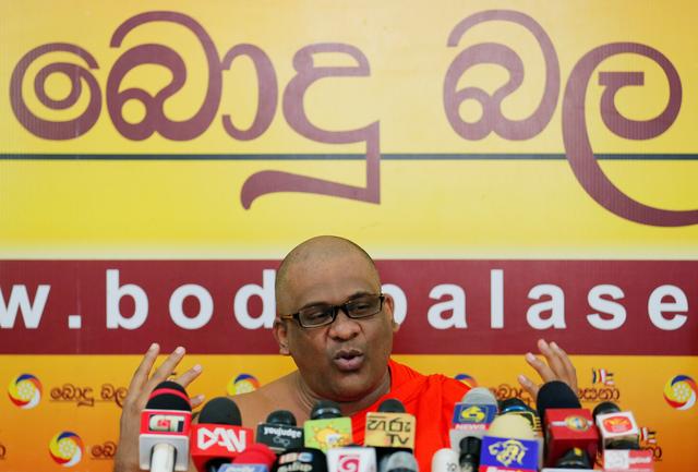 FILE PHOTO - Galagoda Aththe Gnanasara Thero, head of the hardline Bodu Bala Sena (BBS) or Buddhist Power Force, speaks during a news conference in Colombo, Sri Lanka May 28, 2019. REUTERS/Dinuka Liyanawatte