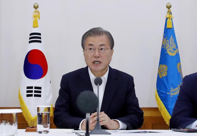 South Korean President Moon Jae-in speaks during a meeting with executives from South Korea's top 30 conglomerates at the Presidential Blue House in Seoul, South Korea, July 10, 2019.    Yonhap via REUTERS   