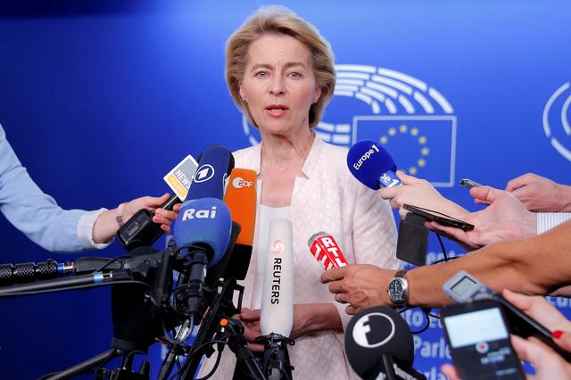 FILE PHOTO: German Defense Minister Ursula von der Leyen, who has been nominated as European Commission President, attends a news conference during a visit at the European Parliament in Strasbourg, France, July 3, 2019.   REUTERS/Vincent Kessler/File Photo
