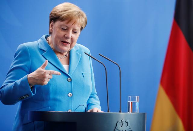 German Chancellor Angela Merkel gestures during a news conference with Finland's new Social Democrat Prime Minister Antti Rinne, at the Chancellery in Berlin, Germany, July 10, 2019. REUTERS/Hannibal Hanschke