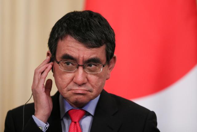 FILE PHOTO: Japanese Foreign Minister Taro Kono gestures as he attends a news conference after a meeting with his Russian counterpart Sergei Lavrov in Moscow, Russia May 10, 2019. REUTERS/Evgenia Novozhenina/File Photo