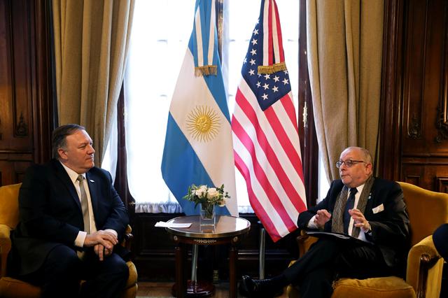 U.S. Secretary of State Mike Pompeo and Argentina's Foreign Minister Jorge Faurie attend a meeting on the sidelines of the hemispheric anti-terrorism summit, in Buenos Aires, Argentina July 19, 2019. Natacha Pisarenko/Pool via REUTERS