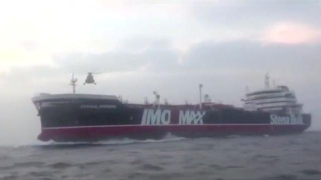 FILE PHOTO: A helicopter hovers over British-flagged tanker Stena Impero near the strait of Hormuz July 19, 2019, in this still image taken from video. Pool via WANA/Reuters TV via REUTRS