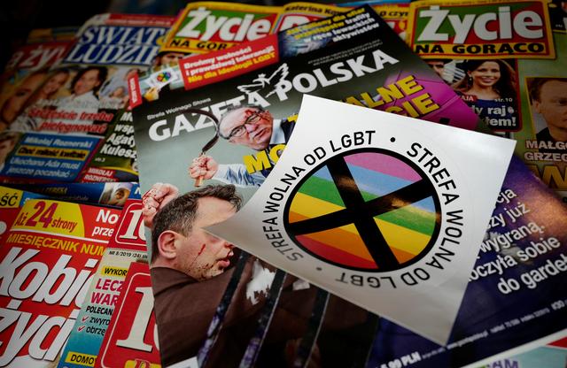 A sticker with words  LGBT-free zone distributed in weekly conservative magazine Gazeta Polska is pictured in Warsaw, Poland July 24, 2019. REUTERS/Kacper Pempel