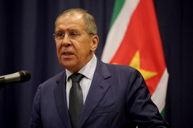 Russian Foreign Minister Sergey Lavrov addresses the media during a press statement at the Foreign Affairs Ministry in Paramaribo, Suriname July 27, 2019. REUTERS/Ranu Abhelakh