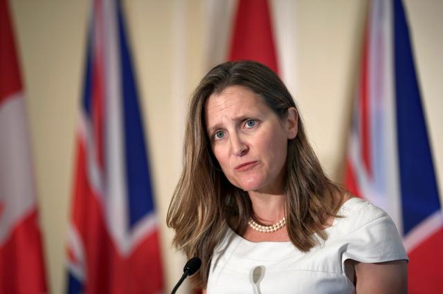 FILE PHOTO: Canada's Foreign Minister Chrystia Freeland at a news conference following a meeting with Britain's Foreign Secretary Dominic Raab in Toronto, Ontario, Canada, August 6, 2019.  REUTERS/Moe Doiron/File Photo