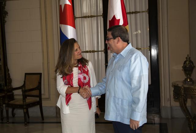 Canadian Foreign Minister Chrystia Freeland shakes hands with her Cuban counterpart Bruno Rodriguez during a meeting in Havana, Cuba August 28, 2019. Ismael Francisco/Pool via REUTERS