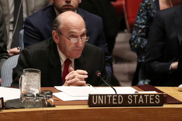 FILE PHOTO: American diplomat Elliott Abrams speaks during the United Nations Security Council meeting about the situation in Venezuela, in New York, U.S., February 26, 2019. REUTERS/Shannon Stapleton/File Photo