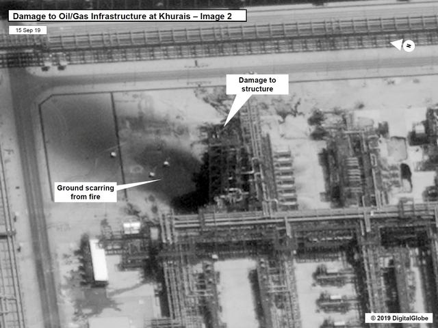 A satellite image showing damage to oil/gas Saudi Aramco infrastructure at Khurais, in Saudi Arabia in this handout picture released by the U.S Government September 15, 2019.  U.S. Government/DigitalGlobe/Handout via REUTERS 
