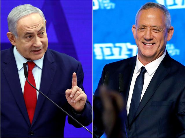 FILE PHOTO: A combination picture shows Israeli Prime Minister Benjamin Netanyahu in Ramat Gan, near Tel Aviv, Israel September 10, 2019 and Benny Gantz, head of Blue and White party in Tel Aviv, Israel April 10, 2019. REUTERS/Amir Cohen/File Photo, REUTERS/Corinna Kern/File Photo