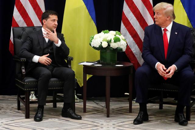 FILE PHOTO: Ukraine's President Volodymyr Zelenskiy speaks as he and U.S. President Donald Trump hold a bilateral meeting on the sidelines of the 74th session of the United Nations General Assembly (UNGA) in New York City, New York, U.S., September 25, 2019. REUTERS/Jonathan Ernst