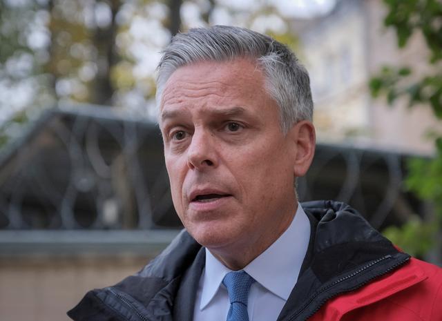 FILE PHOTO: U.S. ambassador to Russia Jon Huntsman speaks outside Lefortovo prison after visiting former U.S. Marine Paul Whelan, who was detained and accused of espionage, in Moscow, Russia October 2, 2019.  REUTERS/Lev Sergeev