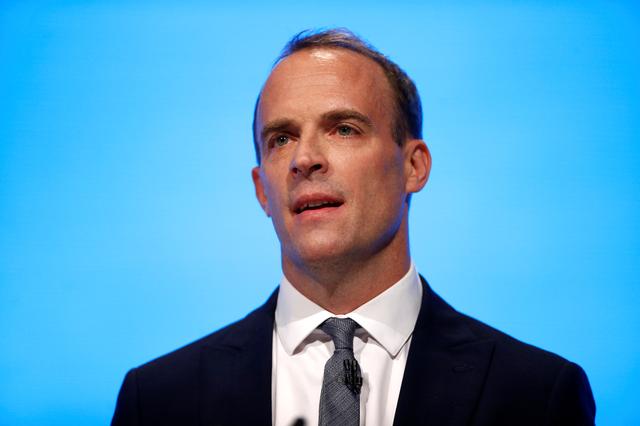 FILE PHOTO: Foreign Secretary Dominic Raab speaks during the Conservative Party in Manchester, Britain, September 29, 2019. REUTERS/Henry Nicholls