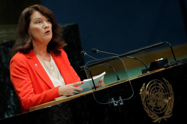 FILE PHOTO: Foreign Minister of Sweden Ann Linde addresses the 74th session of the United Nations General Assembly at U.N. headquarters in New York City, New York, U.S., September 28, 2019.  REUTERS/Brendan McDermid