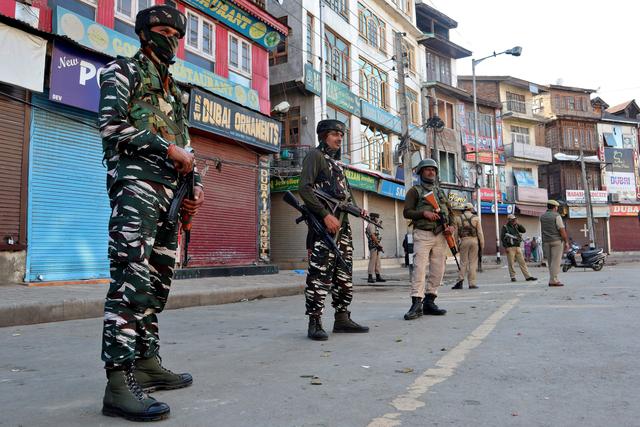 Indian security force personnel stand guard after a grenade attack in Srinagar October 12, 2019. REUTERS/Shakeel-ur-Rehman