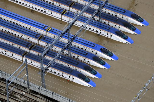 A Shinkansen bullet train rail yard is seen flooded due to heavy rains caused by Typhoon Hagibis in  Nagano, central Japan, October 13, 2019, in this photo taken by Kyodo. Mandatory credit Kyodo/via REUTERS