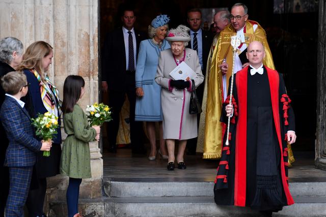 Britain's Queen Elizabeth and Camilla, Duchess of Cornwall, leave after a service to mark the 750th anniversary of Westminster Abbey in London, Britain October 15, 2019. Paul Ellis/Pool via REUTERS