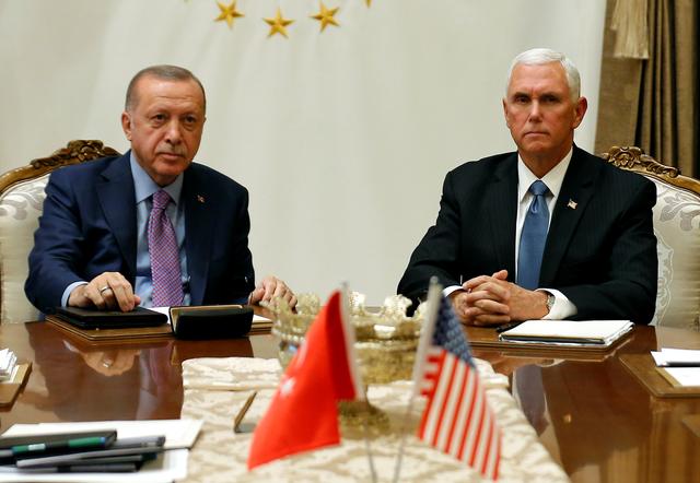 U.S. Vice President Mike Pence and Secretary meets with Turkish President Tayyip Erdogan at the Presidential Palace in Ankara, Turkey, October 17, 2019. REUTERS/Huseyin Aldemir