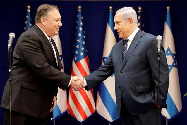 U.S. Secretary of State Mike Pompeo and Israeli Prime Minister Benjamin Netanyahu attend a meeting in Jerusalem, Friday, October 18, 2019. Sebastian Scheiner/Pool via REUTERS 