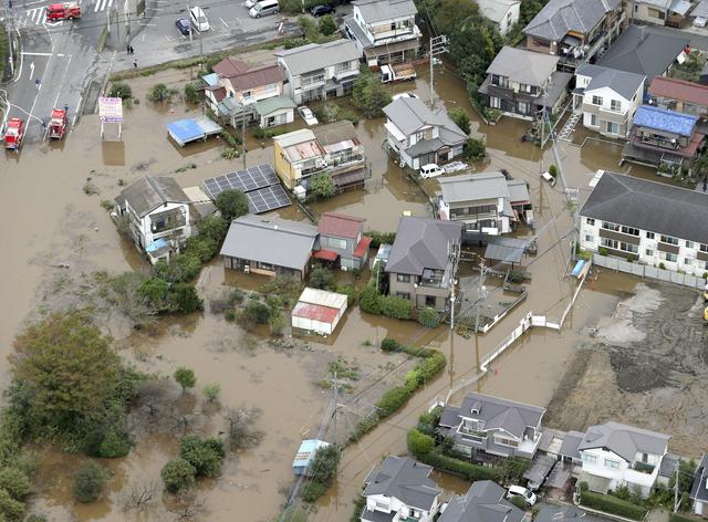 A flooded residential area after a heavy rain is seen in Sakura, Chiba prefecture, east of Tokyo, Japan, October 26, 2019, in this photo released by Kyodo. Mandatory credit Kyodo/via REUTERS