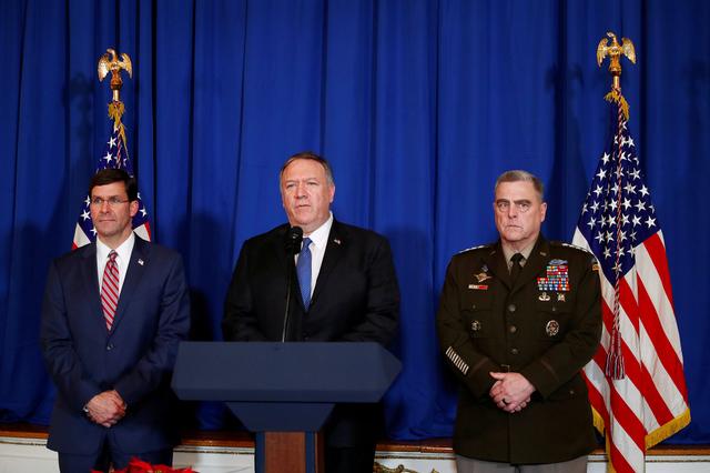 U.S. Secretary of State Mike Pompeo speaks about airstrikes by the U.S. military in Iraq and Syria, at the Mar-a-Lago resort in Palm Beach, Florida, U.S., December 29, 2019. With him are U.S. Army General Mark Milley and U.S. Defense Secretary Mark Esper. REUTERS/Tom Brenner