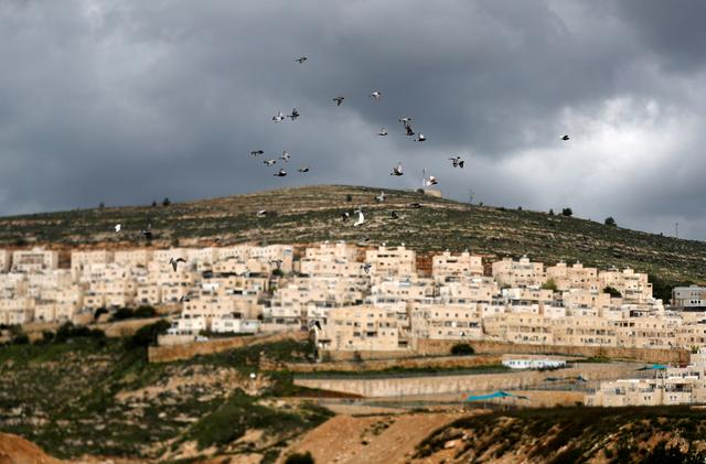 FILE PHOTO: Birds fly as the Israeli settlement of Ramat Givat Zeev is seen, in the Israeli-occupied West Bank March 19, 2020. REUTERS/Ammar Awad